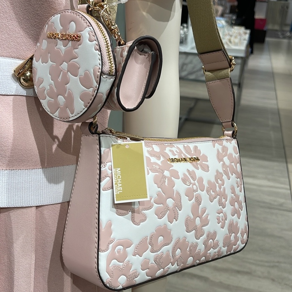 Michael Kors Jet Set Sm Sequined Floral Print Crossbody w Case for Apple AirPod - Picture 10 of 16